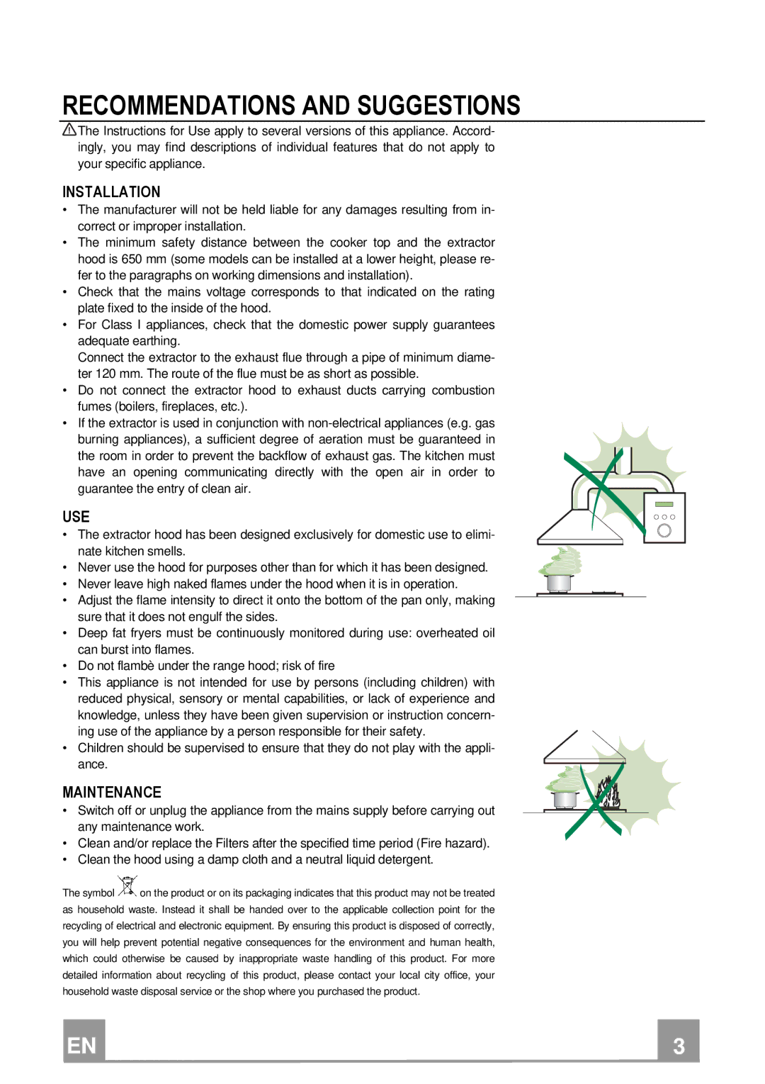 Franke Consumer Products FSL 905 WH/XS ECS manual Recommendations and Suggestions, Installation, Use, Maintenance 