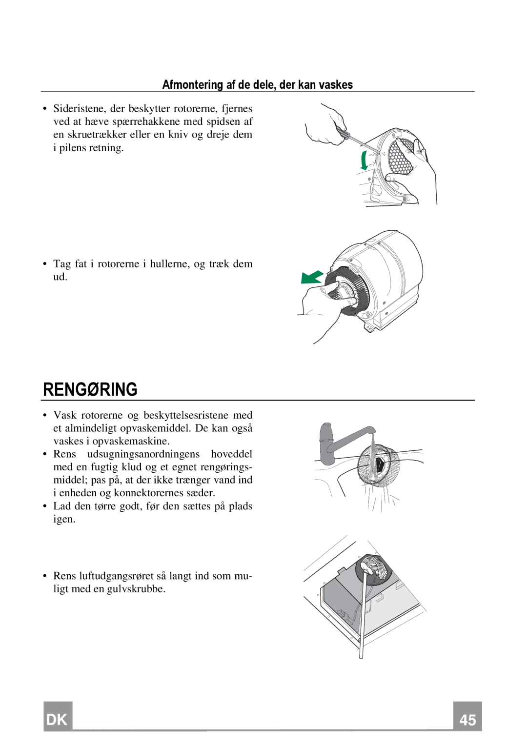 Franke Consumer Products FSL 905 WH/XS ECS, FSL 905 BK/XS ECS manual Rengøring, Afmontering af de dele, der kan vaskes 