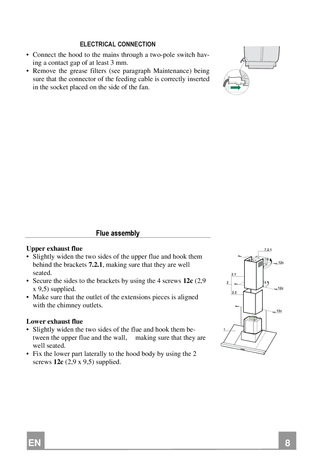 Franke Consumer Products FSL 905 BK/XS ECS Flue assembly, Electrical Connection, Upper exhaust flue, Lower exhaust flue 