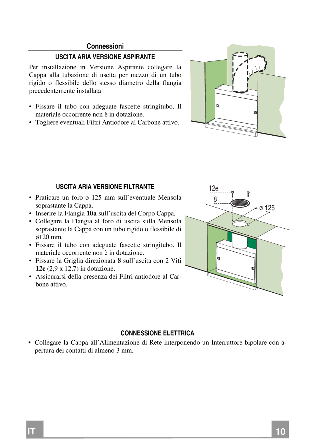 Franke Consumer Products FTC 622, FTC 922 manual Connessioni, Uscita Aria Versione Aspirante, Uscita Aria Versione Filtrante 