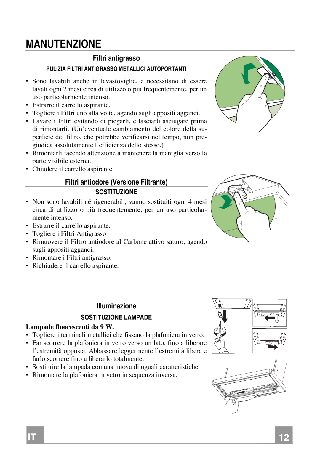 Franke Consumer Products FTC 622 manual Manutenzione, Filtri antigrasso, Filtri antiodore Versione Filtrante, Illuminazione 