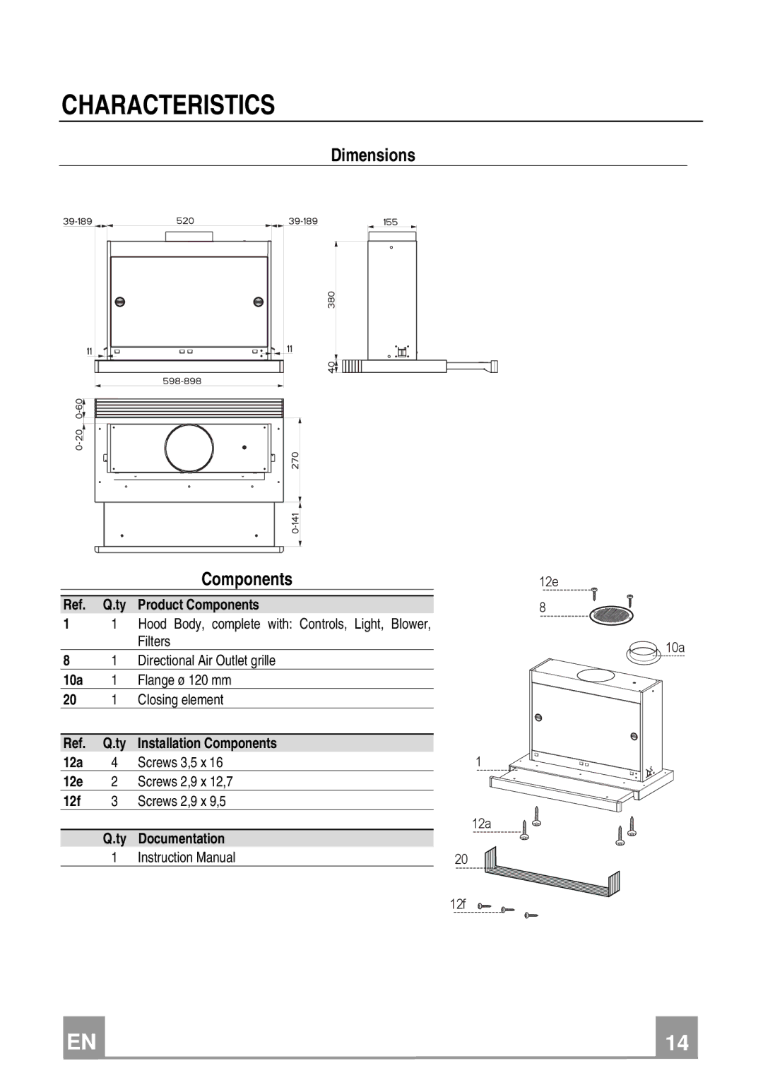 Franke Consumer Products FTC 622, FTC 922 manual Characteristics, Dimensions Components 