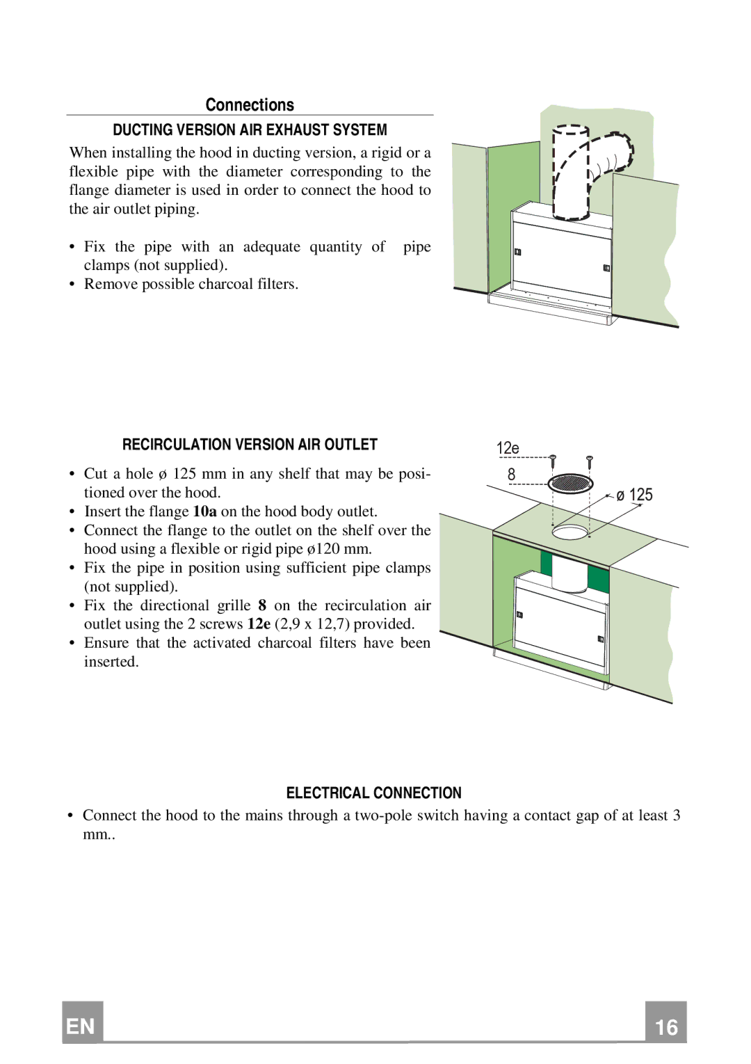 Franke Consumer Products FTC 622 manual Connections, Ducting Version AIR Exhaust System, Recirculation Version AIR Outlet 