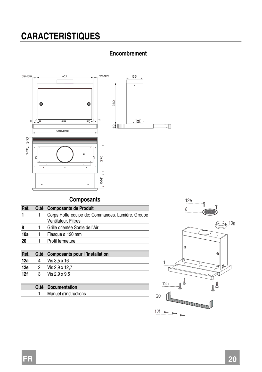 Franke Consumer Products FTC 622, FTC 922 manual Caracteristiques, Encombrement Composants 