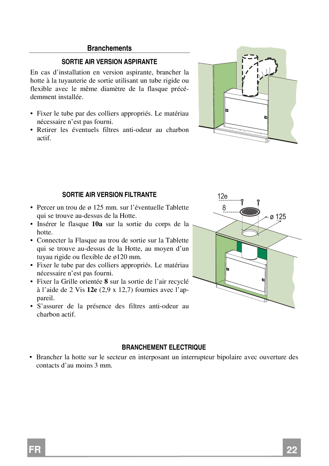 Franke Consumer Products FTC 622, FTC 922 manual Branchements, Sortie AIR Version Aspirante, Sortie AIR Version Filtrante 