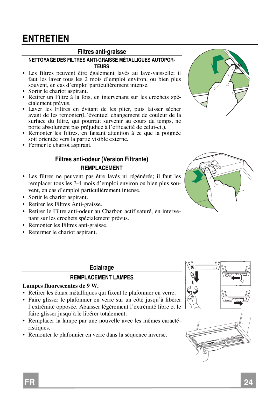 Franke Consumer Products FTC 622, FTC 922 Entretien, Filtres anti-graisse, Filtres anti-odeur Version Filtrante, Eclairage 