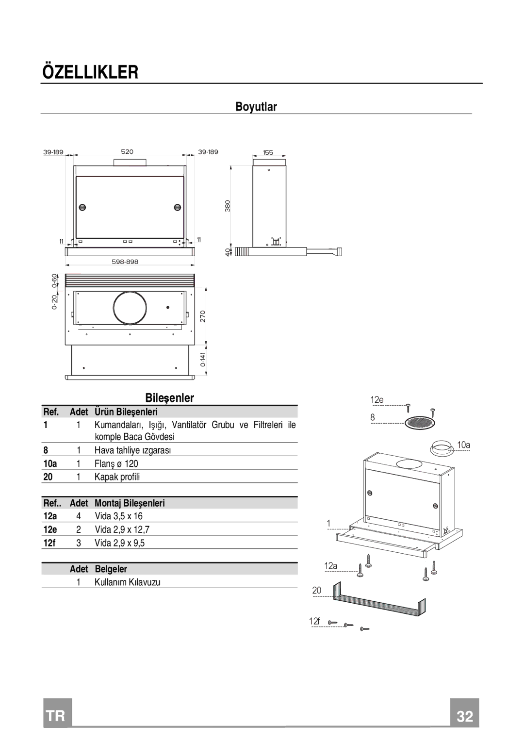 Franke Consumer Products FTC 622, FTC 922 manual Özellikler, Boyutlar Bileşenler 