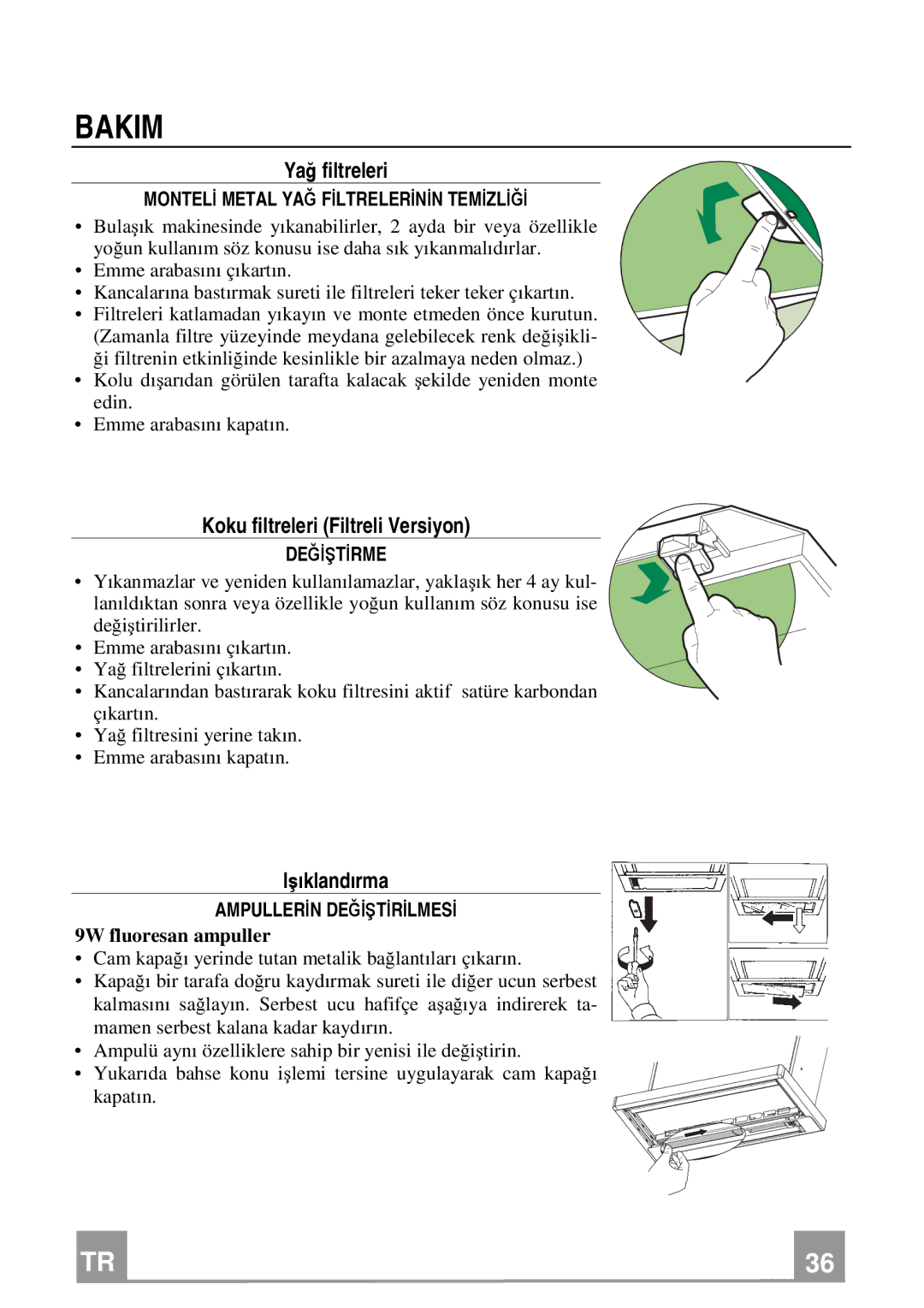 Franke Consumer Products FTC 622, FTC 922 manual Bakim, Yağ filtreleri, Koku filtreleri Filtreli Versiyon, Işıklandırma 