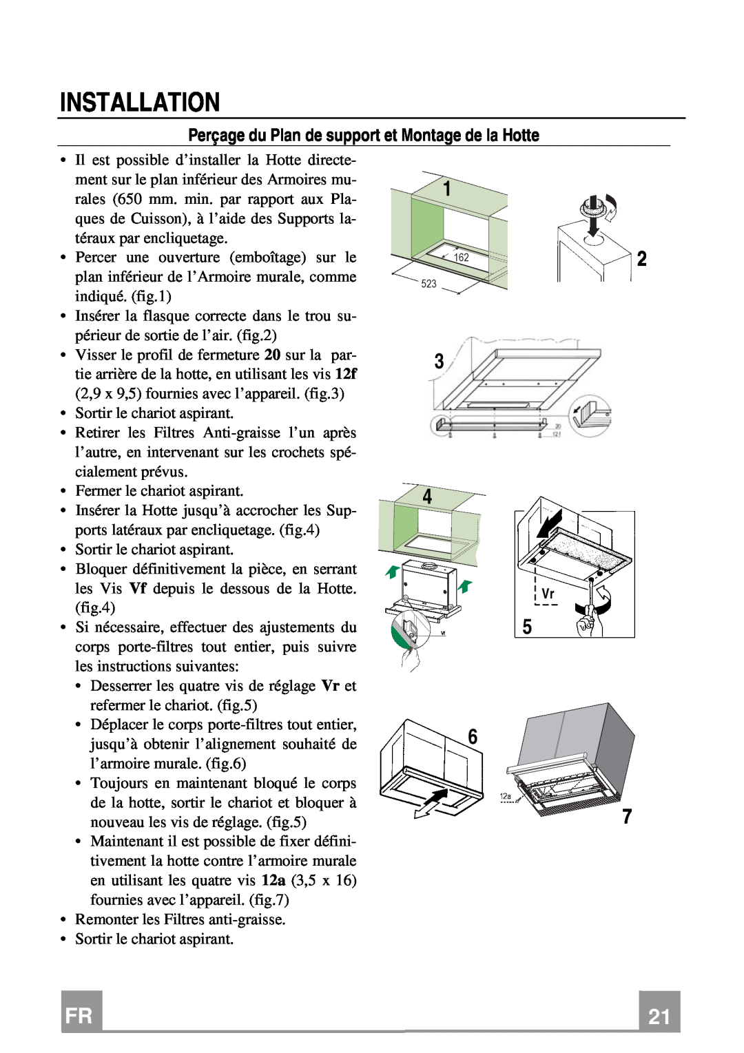 Franke Consumer Products FTC 922, FTC 622 manual Perçage du Plan de support et Montage de la Hotte, Installation 