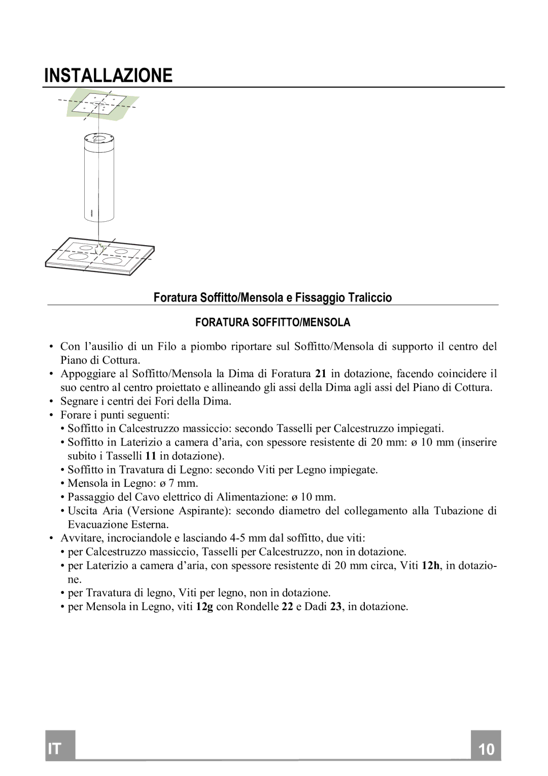 Franke Consumer Products FTU 3807 I Installazione, ForaturaSoffitto/MensolaeFissaggioTraliccio, Foraturasoffitto/Mensola 