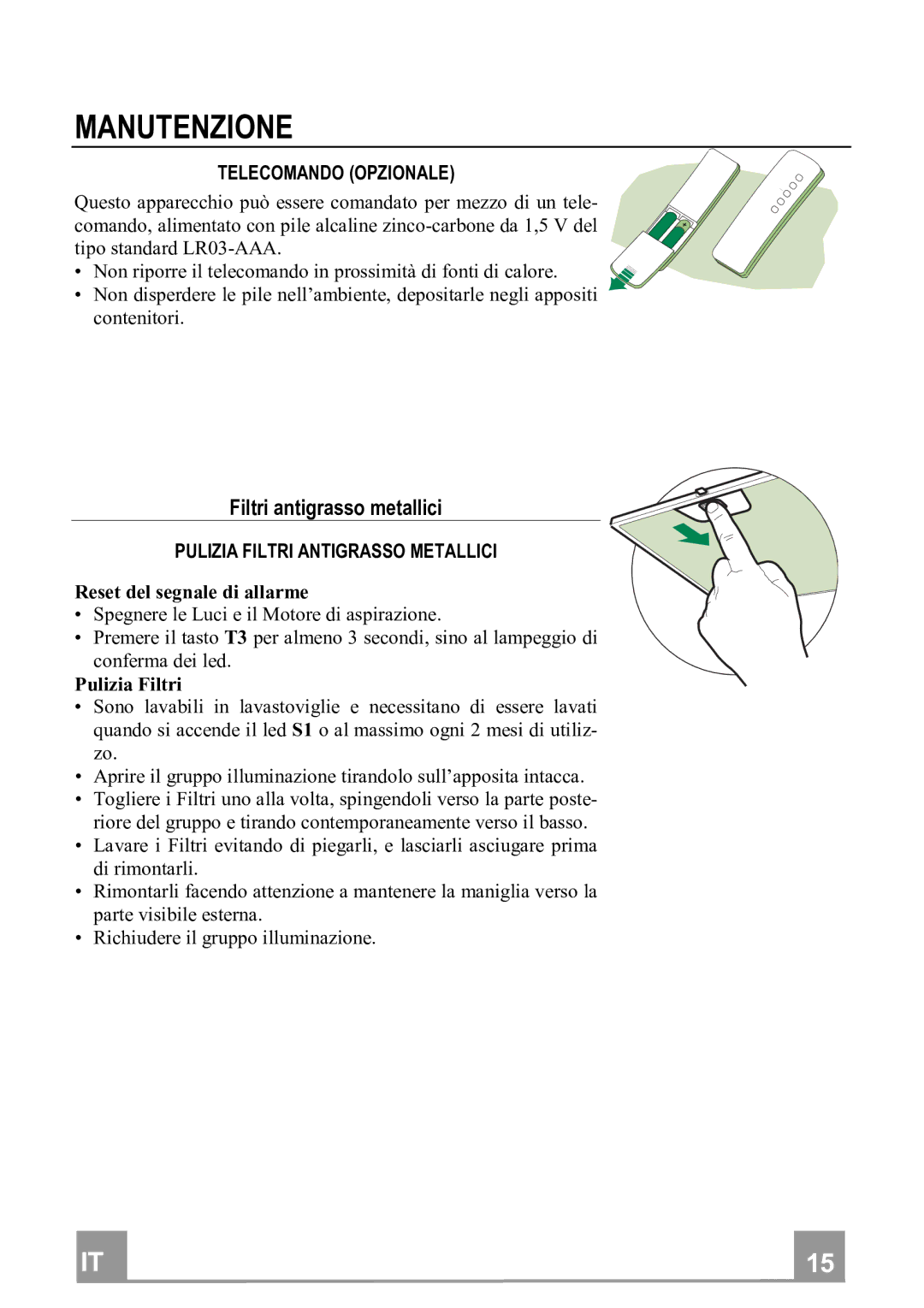 Franke Consumer Products FTU 3807 I manual Manutenzione, Filtriantigrassometallici, Puliziafiltriantigrassometallici 