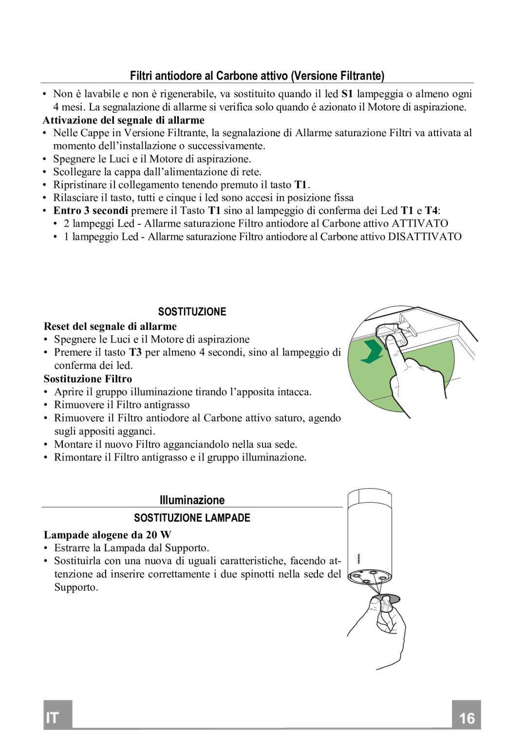 Franke Consumer Products FTU 3807 I manual FiltriantiodorealCarboneattivoVersioneFiltra Nte, Illuminazione, Sostituzione 