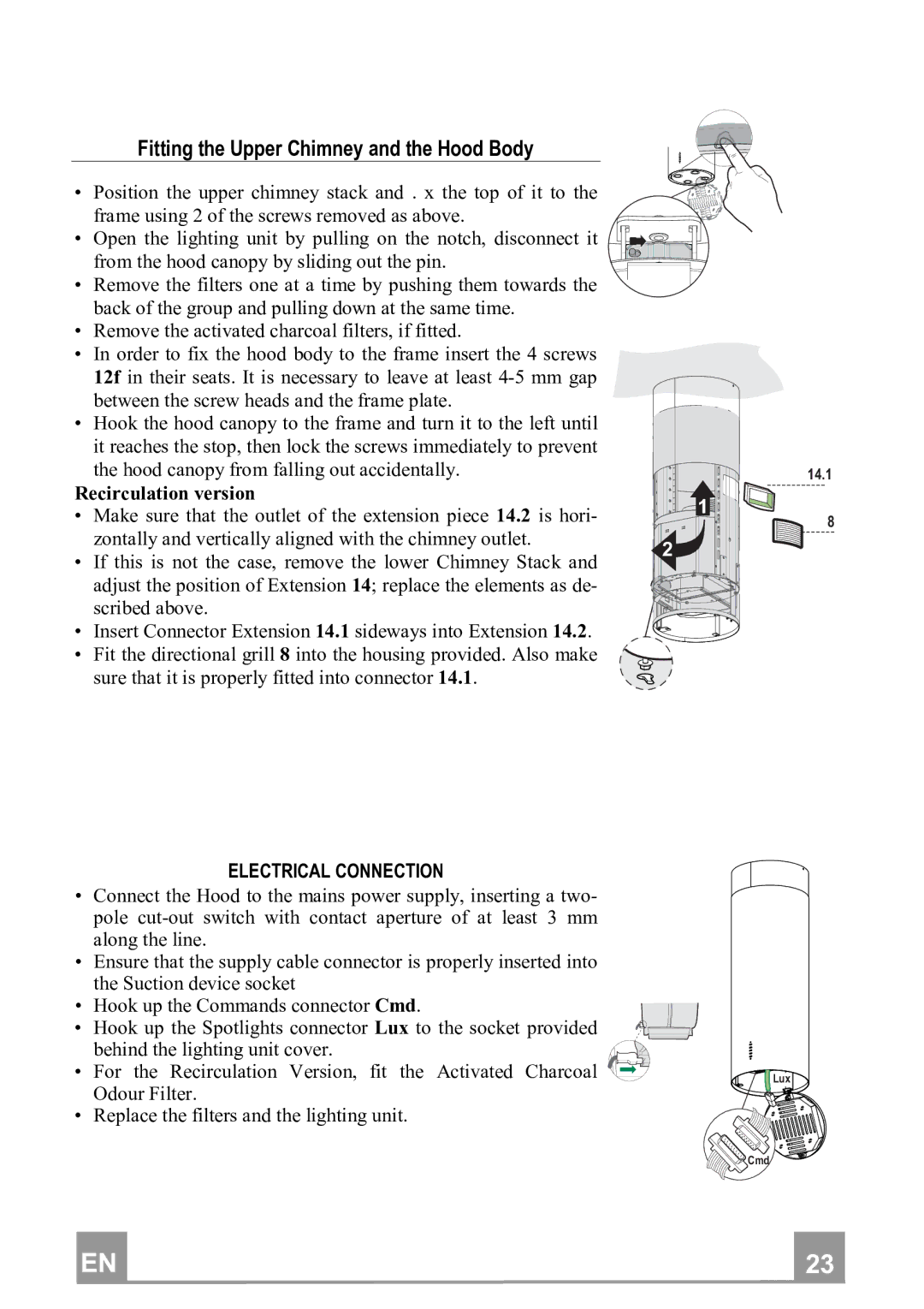 Franke Consumer Products FTU 3807 I manual FittingtheUpperChimneyandtheHoodBody, Electricalconnection 