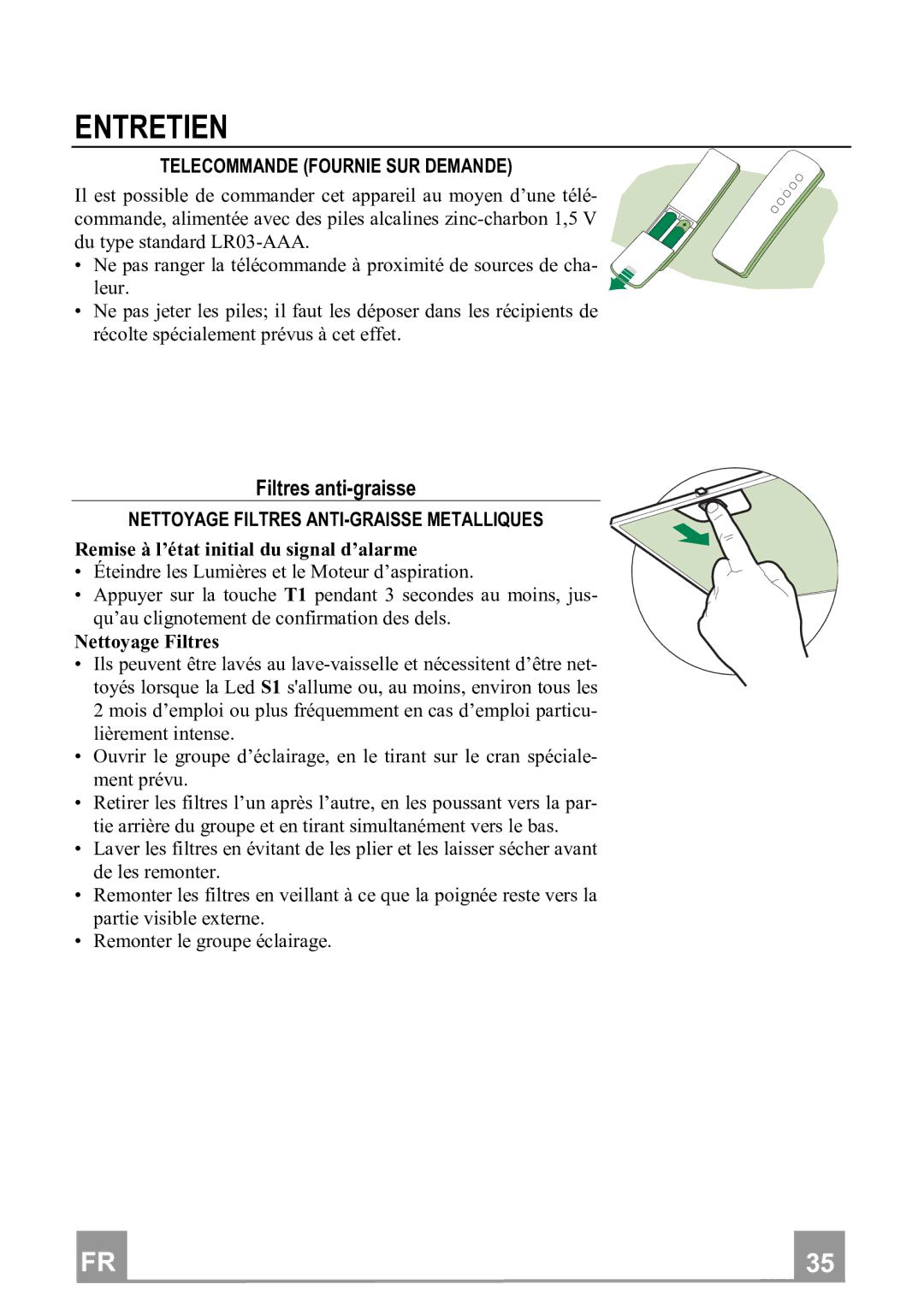 Franke Consumer Products FTU 3807 I manual Entretien, Filtresantigraisse, Telecommandefourniesurdemande 