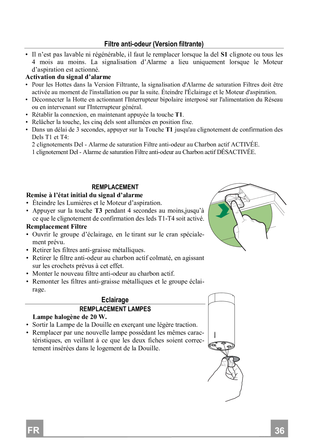 Franke Consumer Products FTU 3807 I manual FiltreantiodeurVersionfiltrante, Eclairage, Remplacementlampes 