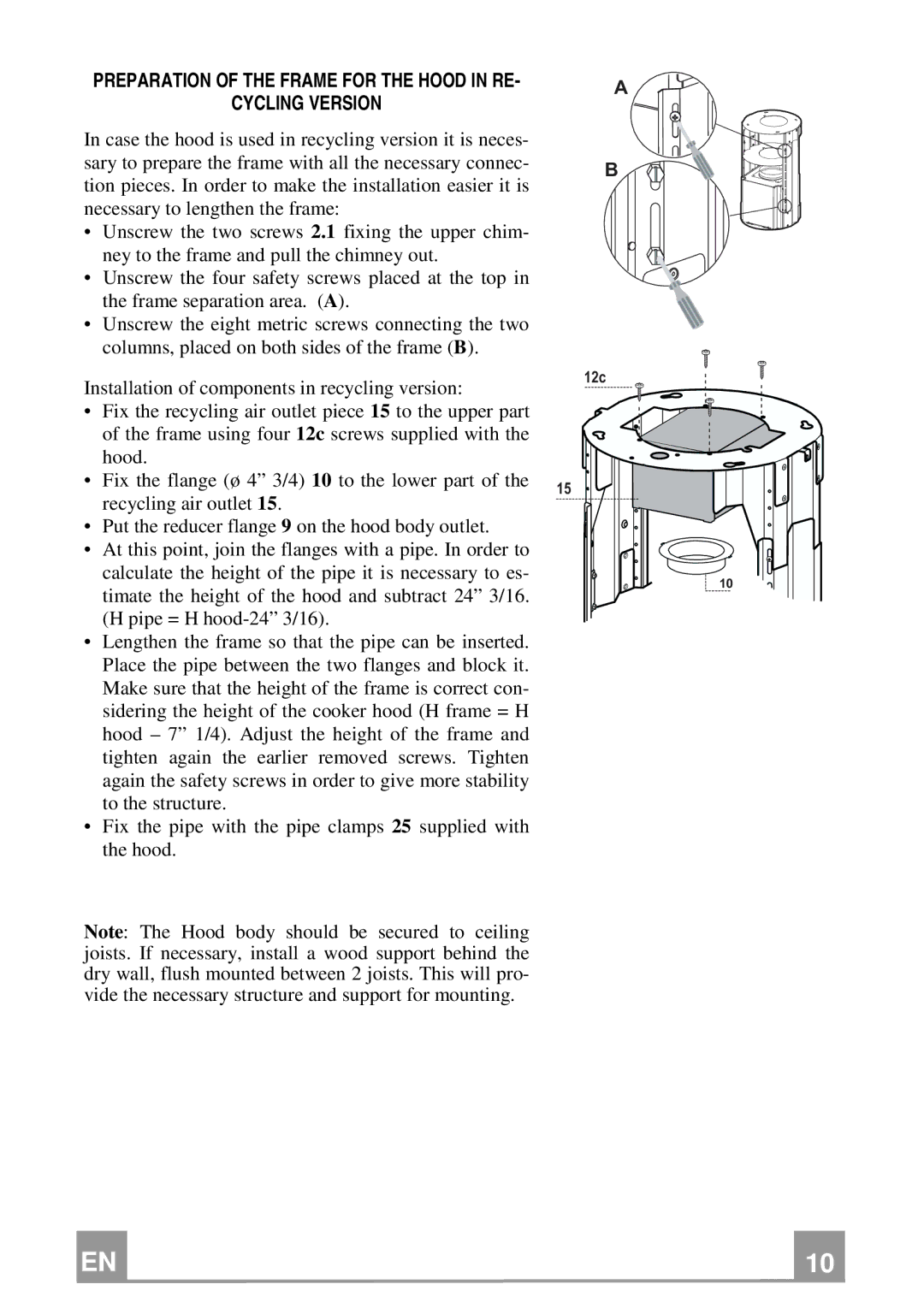 Franke Consumer Products FTU 3807 I installation instructions Preparation of the Frame for the Hood in RE Cycling Version 