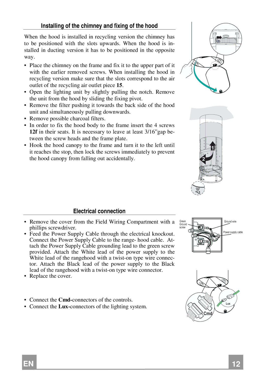 Franke Consumer Products FTU 3807 I Electrical connection, Installing of the chimney and fixing of the hood 