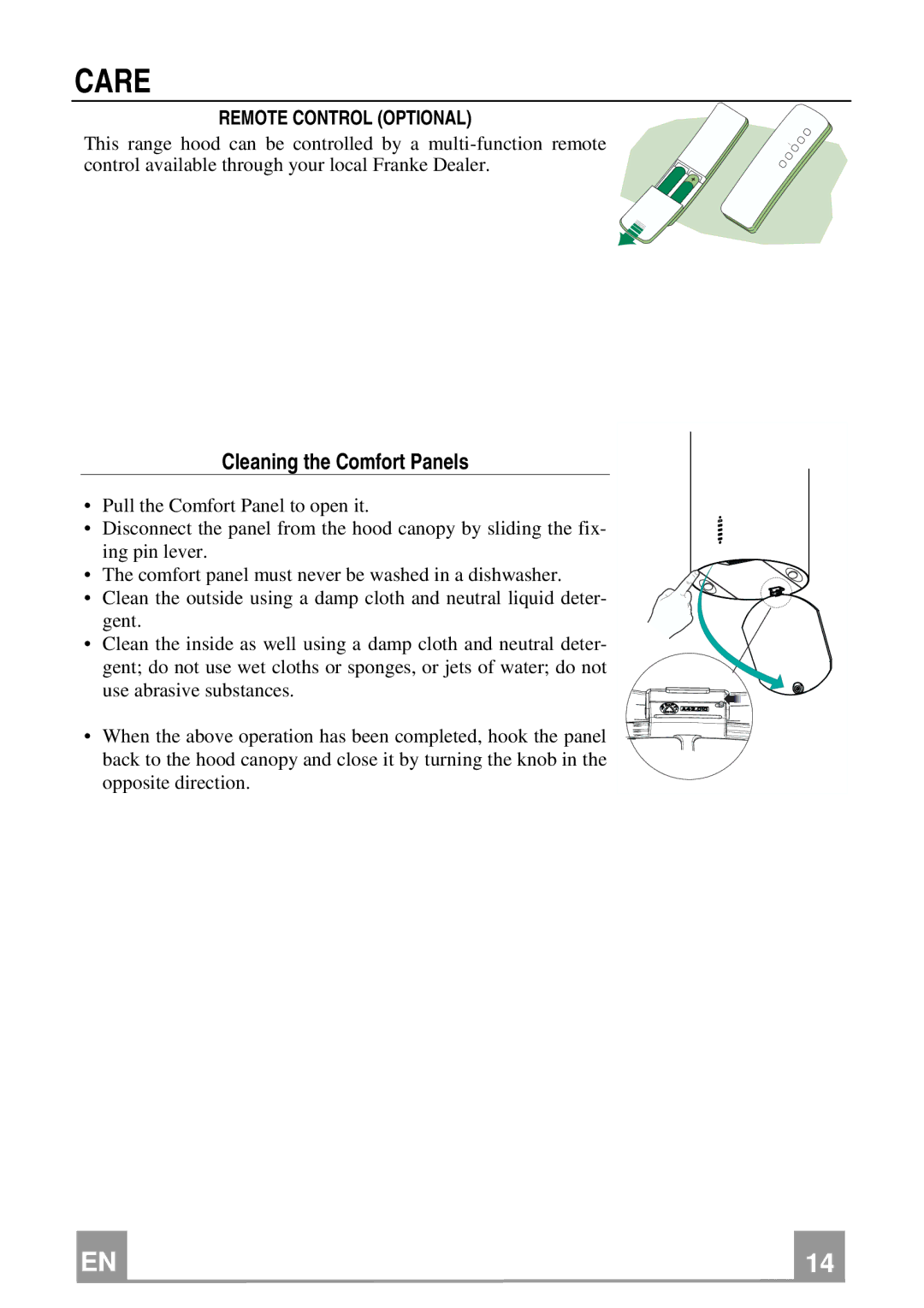 Franke Consumer Products FTU 3807 I installation instructions Care, Cleaning the Comfort Panels, Remote Control Optional 