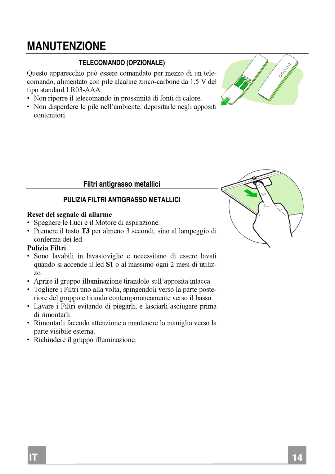 Franke Consumer Products FTU 3807 W manual Manutenzione, Filtri antigrasso metallici, Telecomando Opzionale 