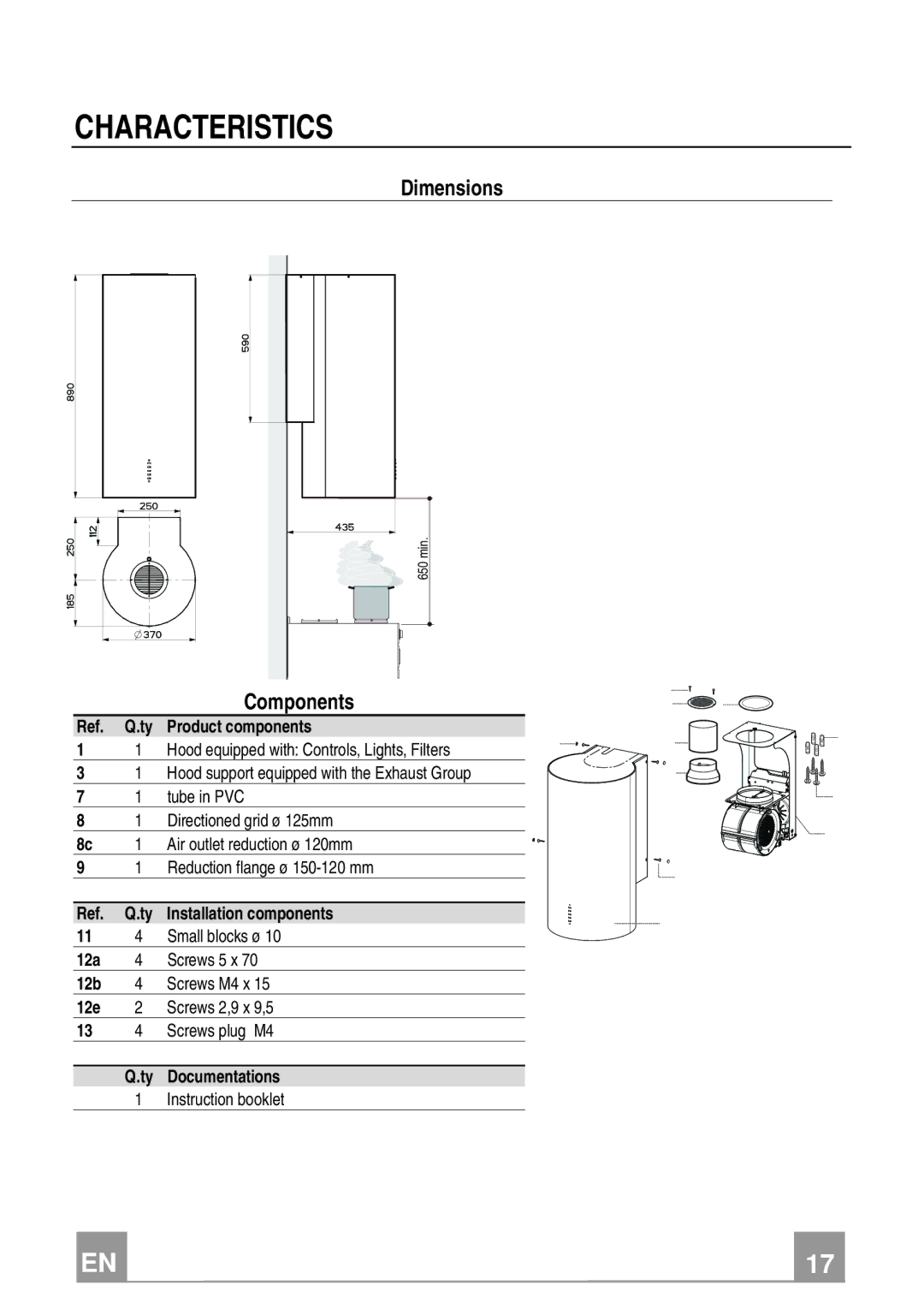 Franke Consumer Products FTU 3807 W manual Characteristics, Dimensions, Components 