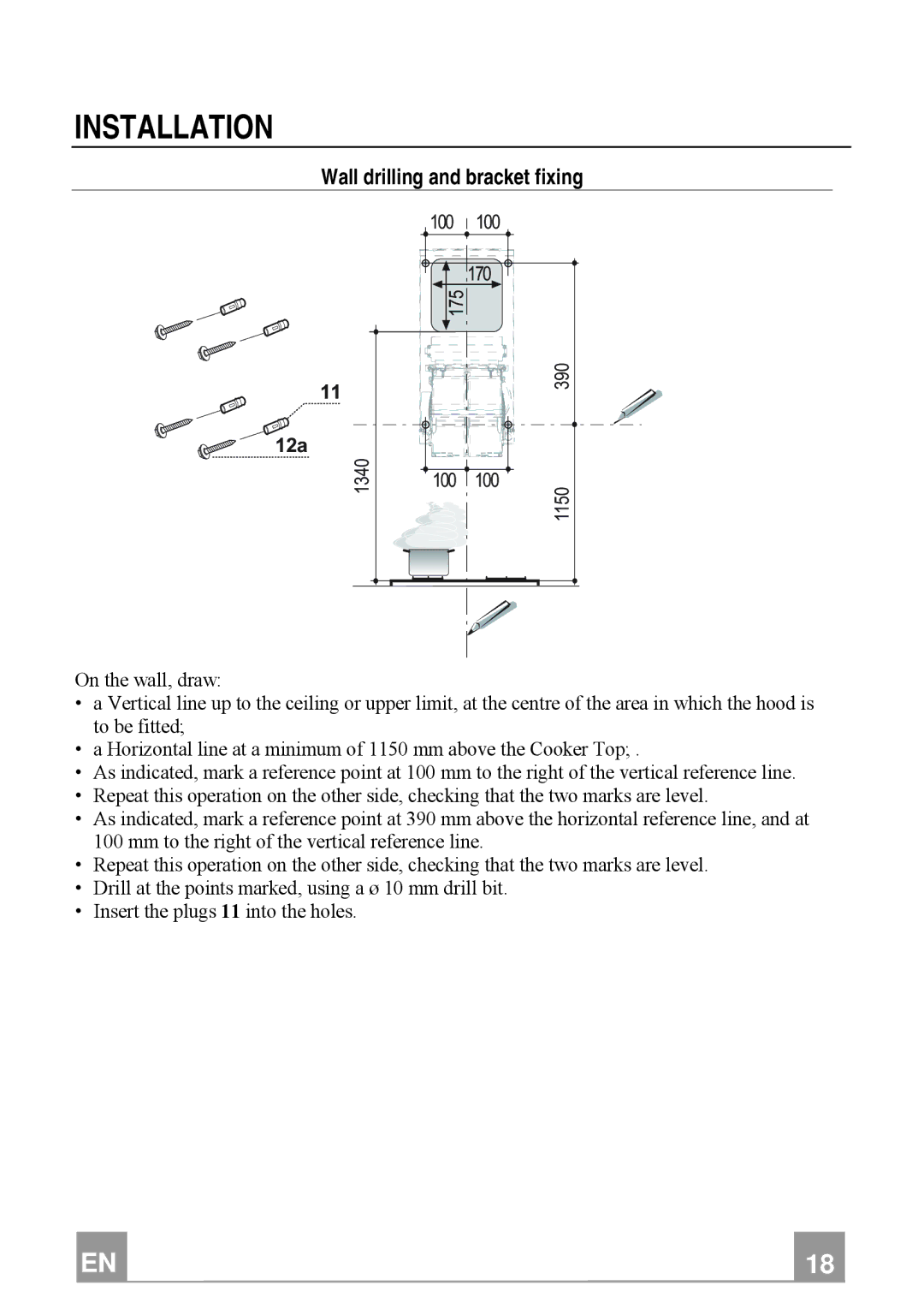 Franke Consumer Products FTU 3807 W manual Installation, Wall drilling and bracket fixing 