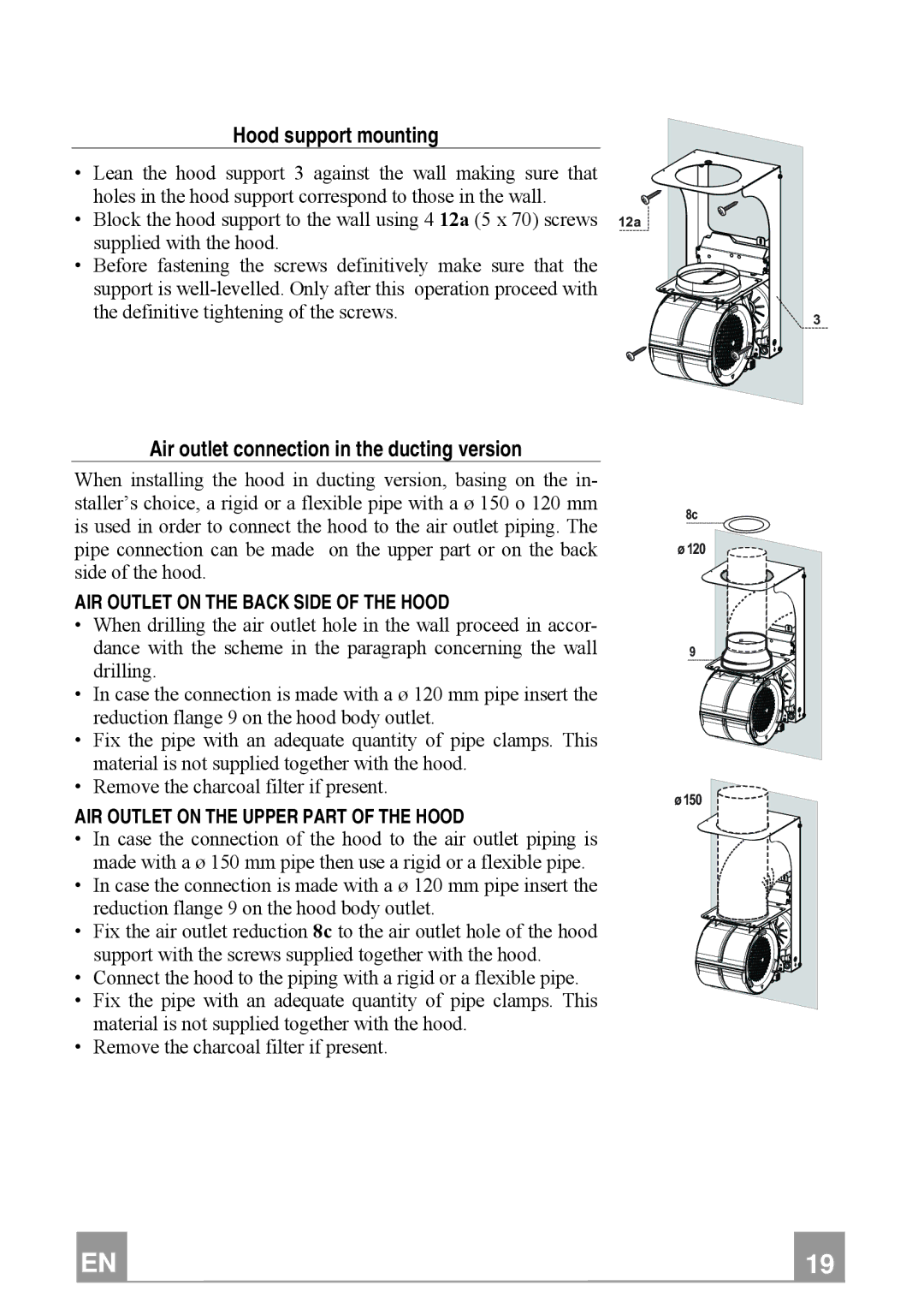 Franke Consumer Products FTU 3807 W manual Hood support mounting, Air outlet connection in the ducting version 