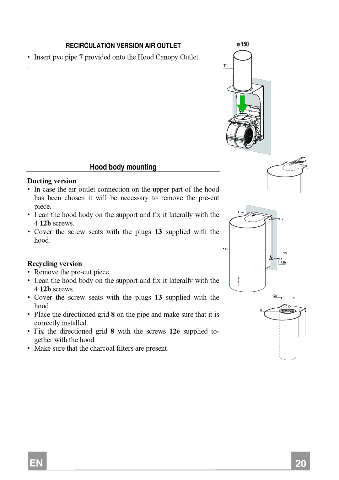 Franke Consumer Products FTU 3807 W manual Hood body mounting, Recirculation Version AIR Outlet, Ducting version 