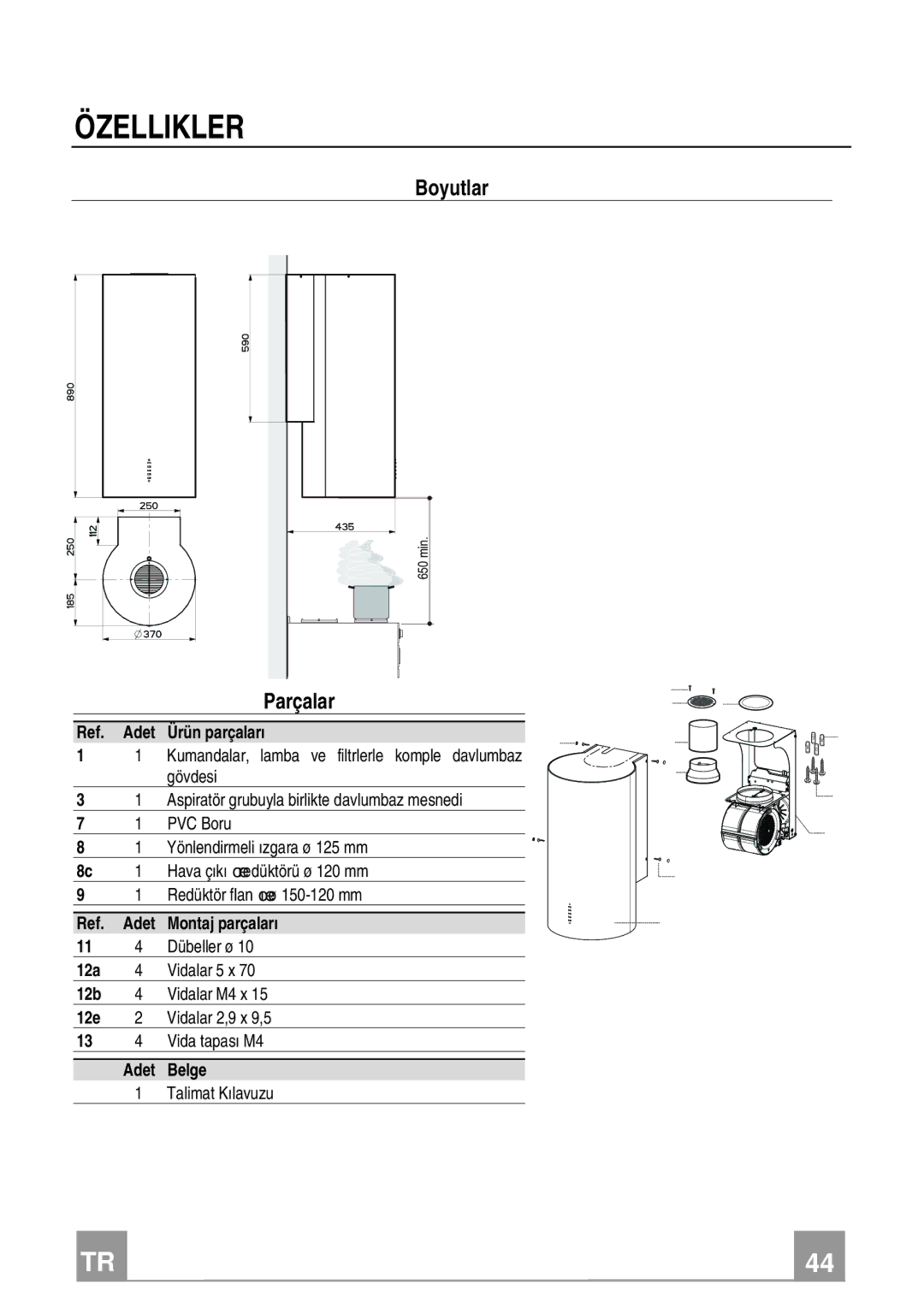 Franke Consumer Products FTU 3807 W manual Özellikler, Boyutlar 