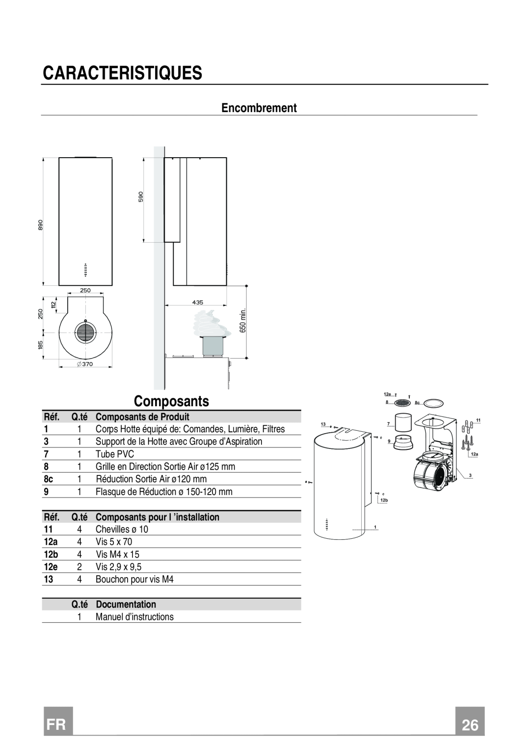 Franke Consumer Products FTU 3807 W manual Caracteristiques, Composants, Encombrement 