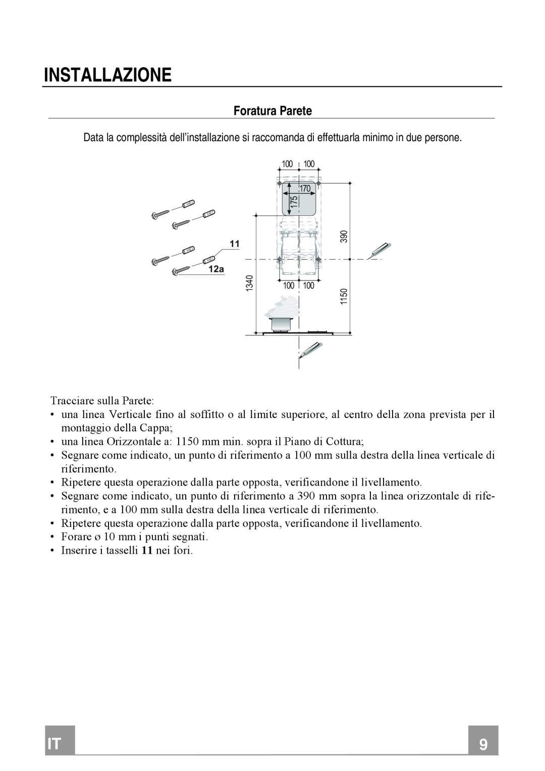 Franke Consumer Products FTU 3807 W manual Installazione, Foratura Parete 