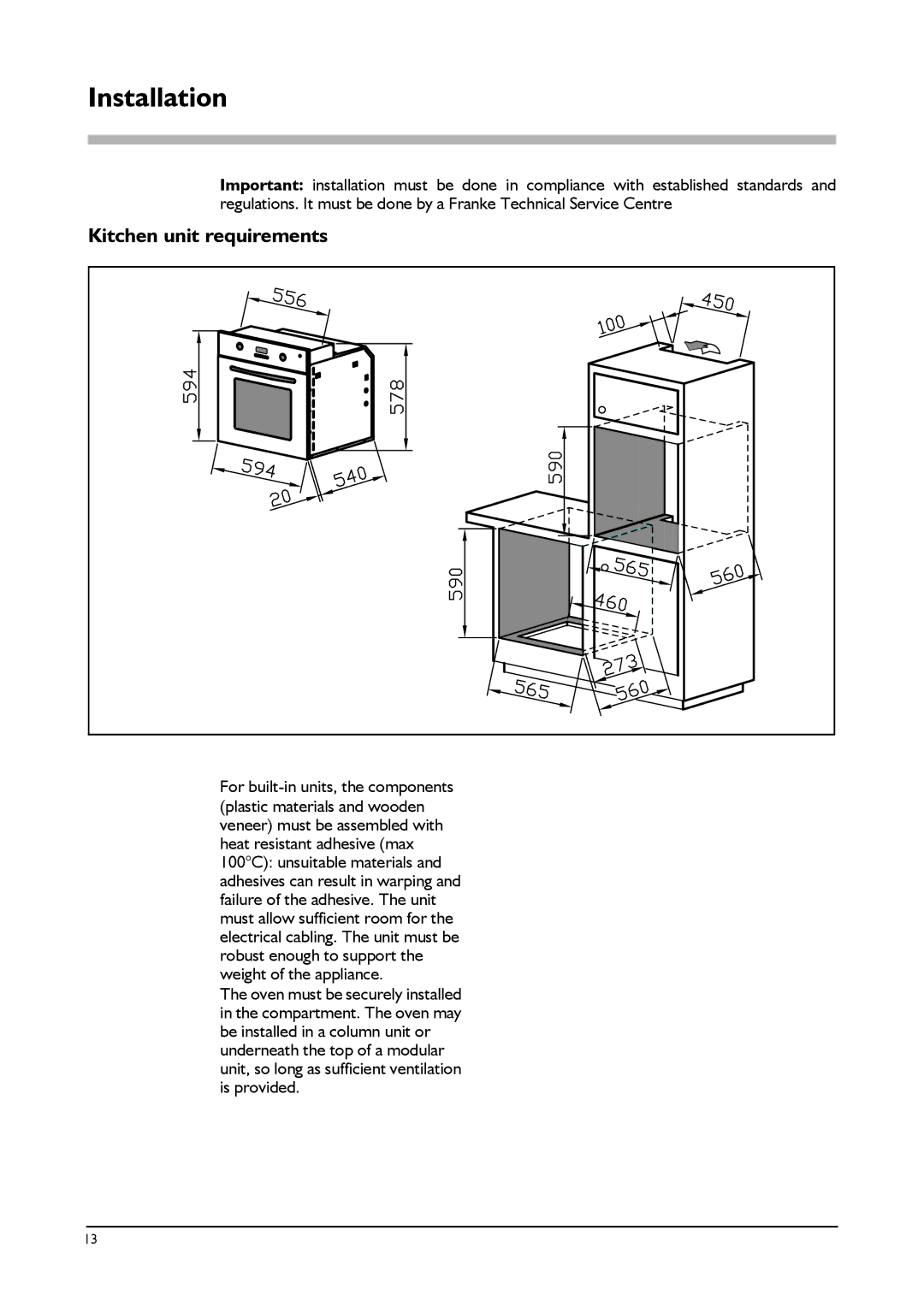 Franke Consumer Products GL 62 M XS, GL 66 M XS, GL 66 M NT XS manual Installation, Kitchen unit requirements 