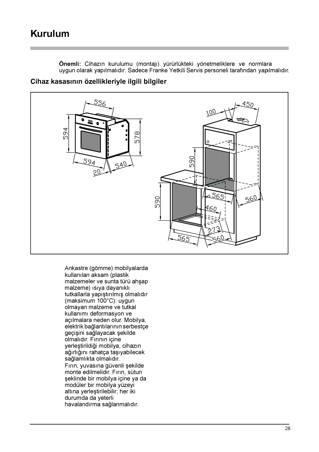 Franke Consumer Products GL 62 M XS, GL 66 M XS, GL 66 M NT XS manual Kurulum, Cihaz kasasının özellikleriyle ilgili bilgiler 