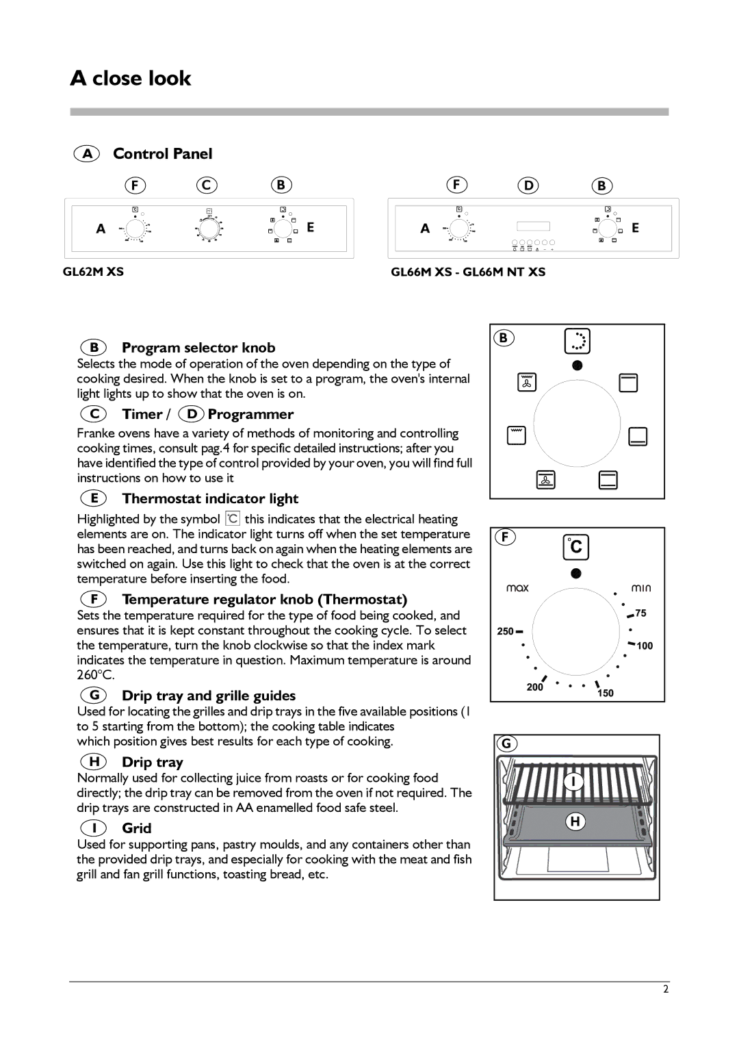 Franke Consumer Products GL 66 M XS, GL 66 M NT XS, GL 62 M XS manual Close look, Control Panel 