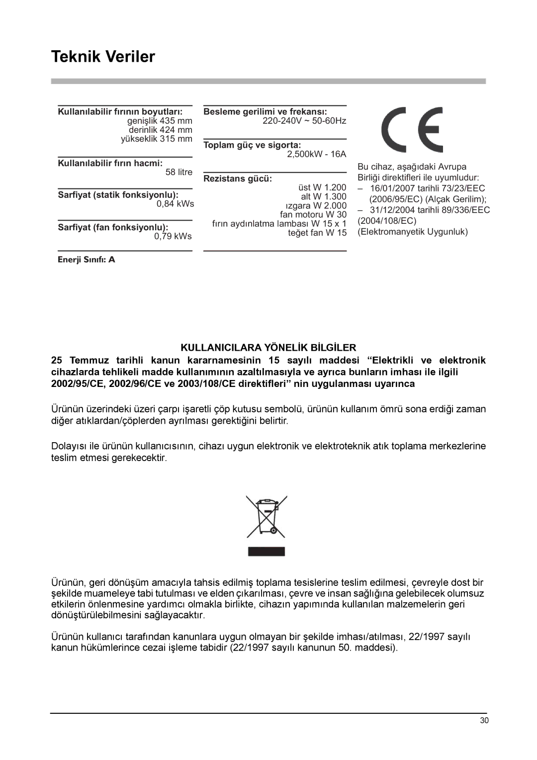 Franke Consumer Products GL 66 M NT XS, GL 66 M XS, GL 62 M XS manual Teknik Veriler, Kullanicilara Yönelİk Bİlgİler 