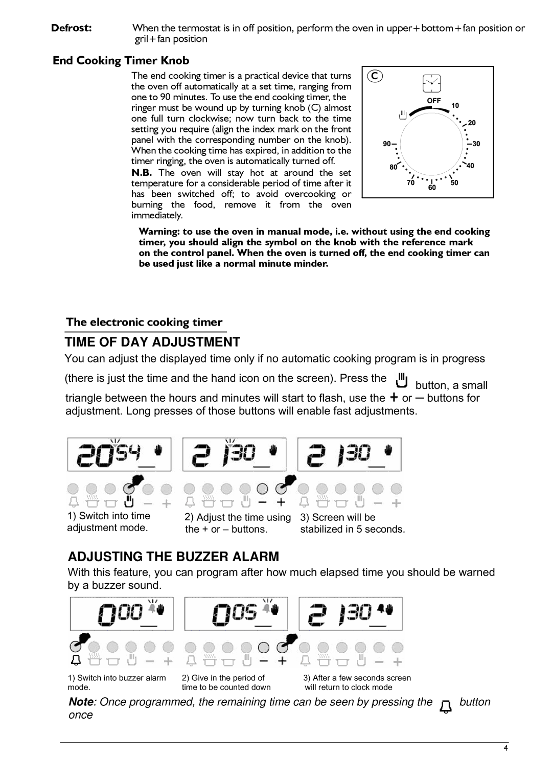 Franke Consumer Products GL 62 M XS, GL 66 M XS Time of DAY Adjustment, Adjusting the Buzzer Alarm, End Cooking Timer Knob 