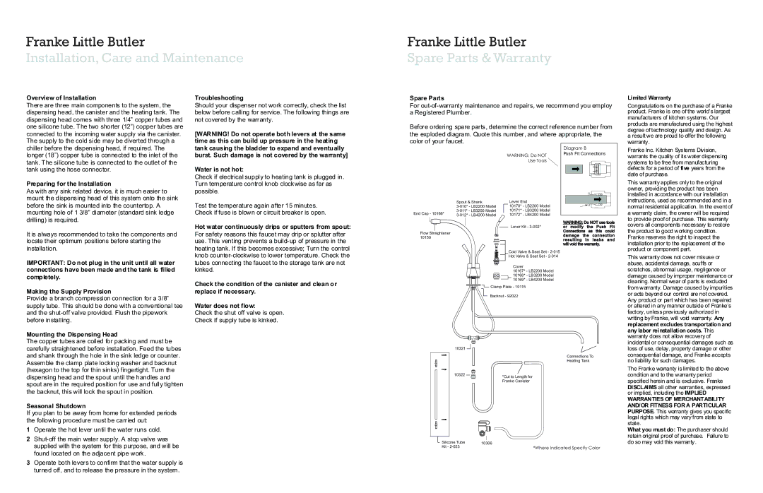 Franke Consumer Products LB2200, LB4200, LB3200 manual Installation, Care and Maintenance, Spare Parts & Warranty 