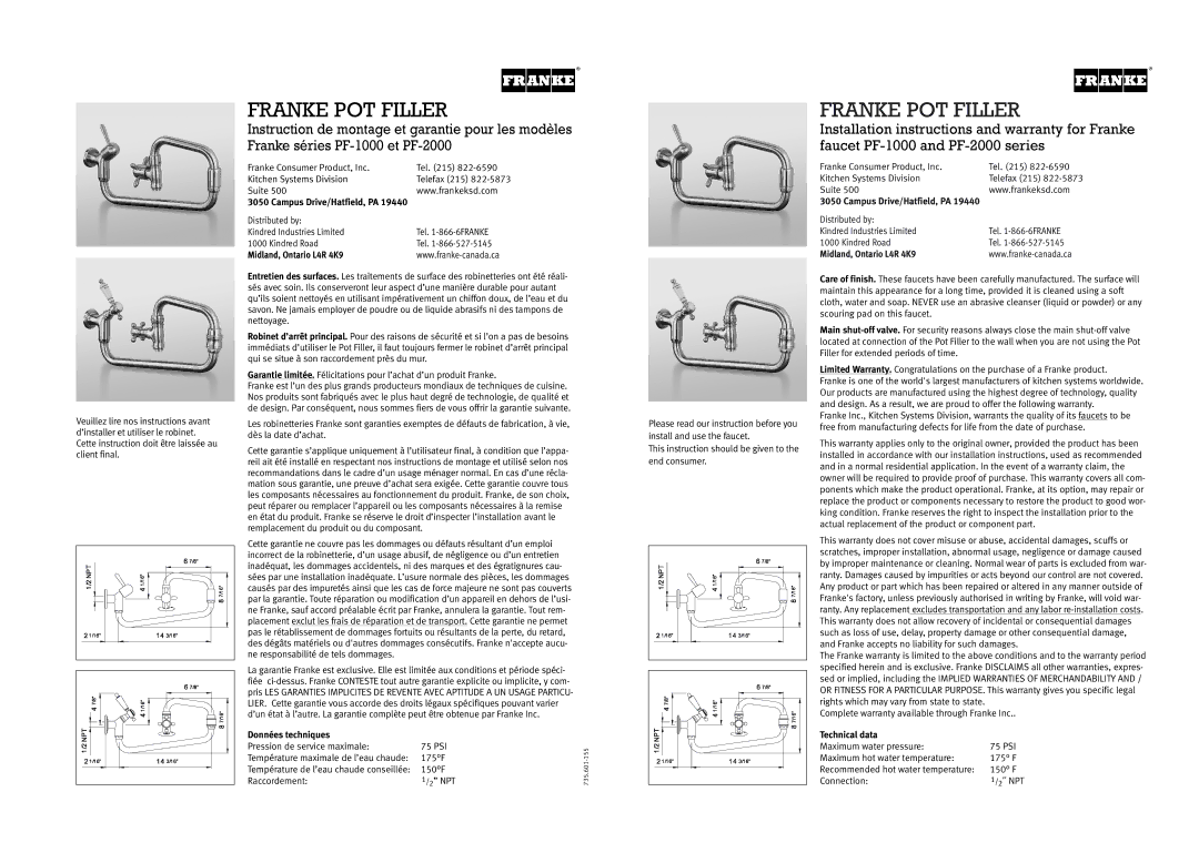 Franke Consumer Products PF-1000 installation instructions Franke POT Filler, Midland, Ontario L4R 4K9, Données techniques 