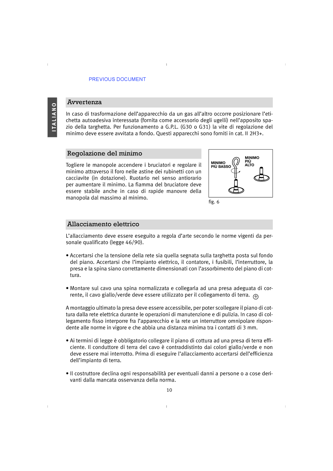 Franke Consumer Products PRI 5, 4GAV-TC instruction manual Avvertenza, Regolazione del minimo, Allacciamento elettrico 