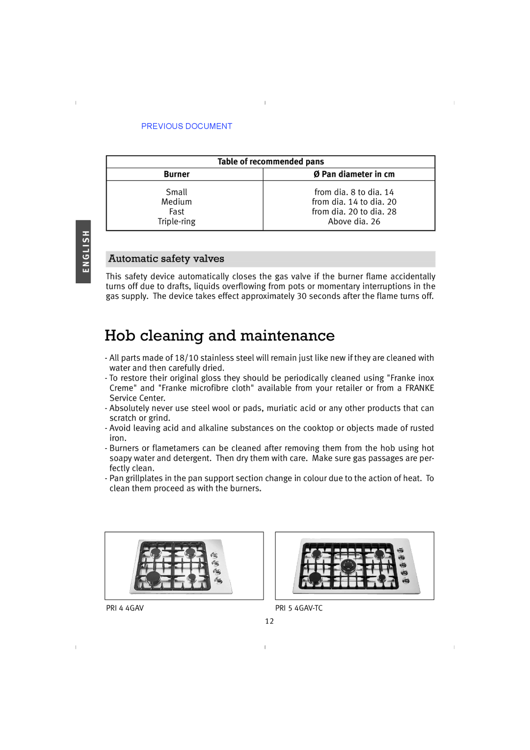 Franke Consumer Products PRI 5, 4GAV-TC Hob cleaning and maintenance, Automatic safety valves, Table of recommended pans 