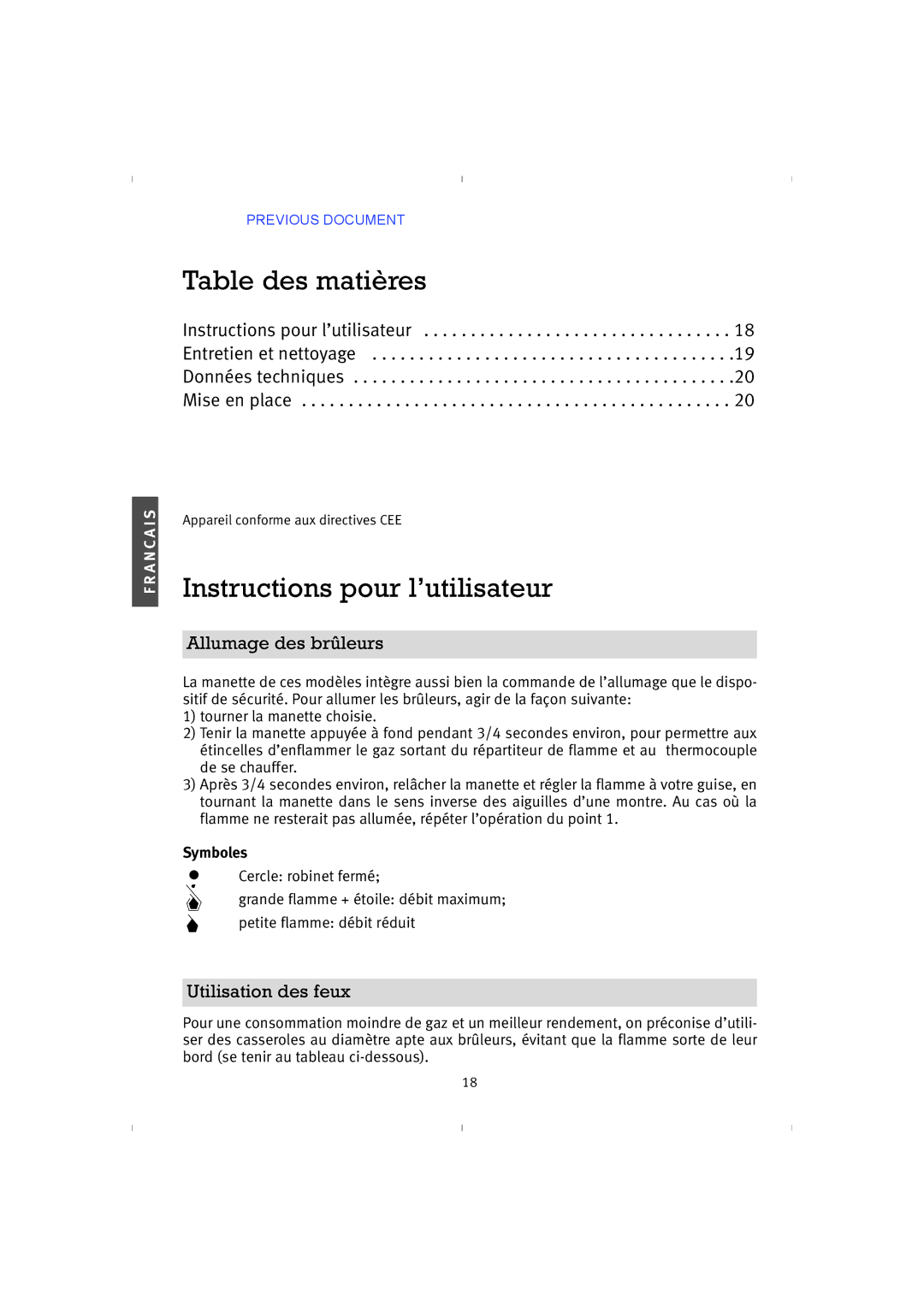 Franke Consumer Products PRI 5 Table des matières, Instructions pour l’utilisateur, Allumage des brûleurs, Symboles 