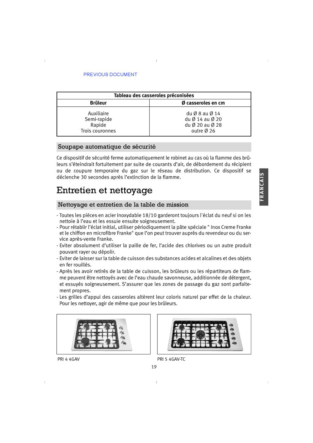 Franke Consumer Products 4GAV-TC, PRI 5 instruction manual Entretien et nettoyage, Soupape automatique de sécurité 