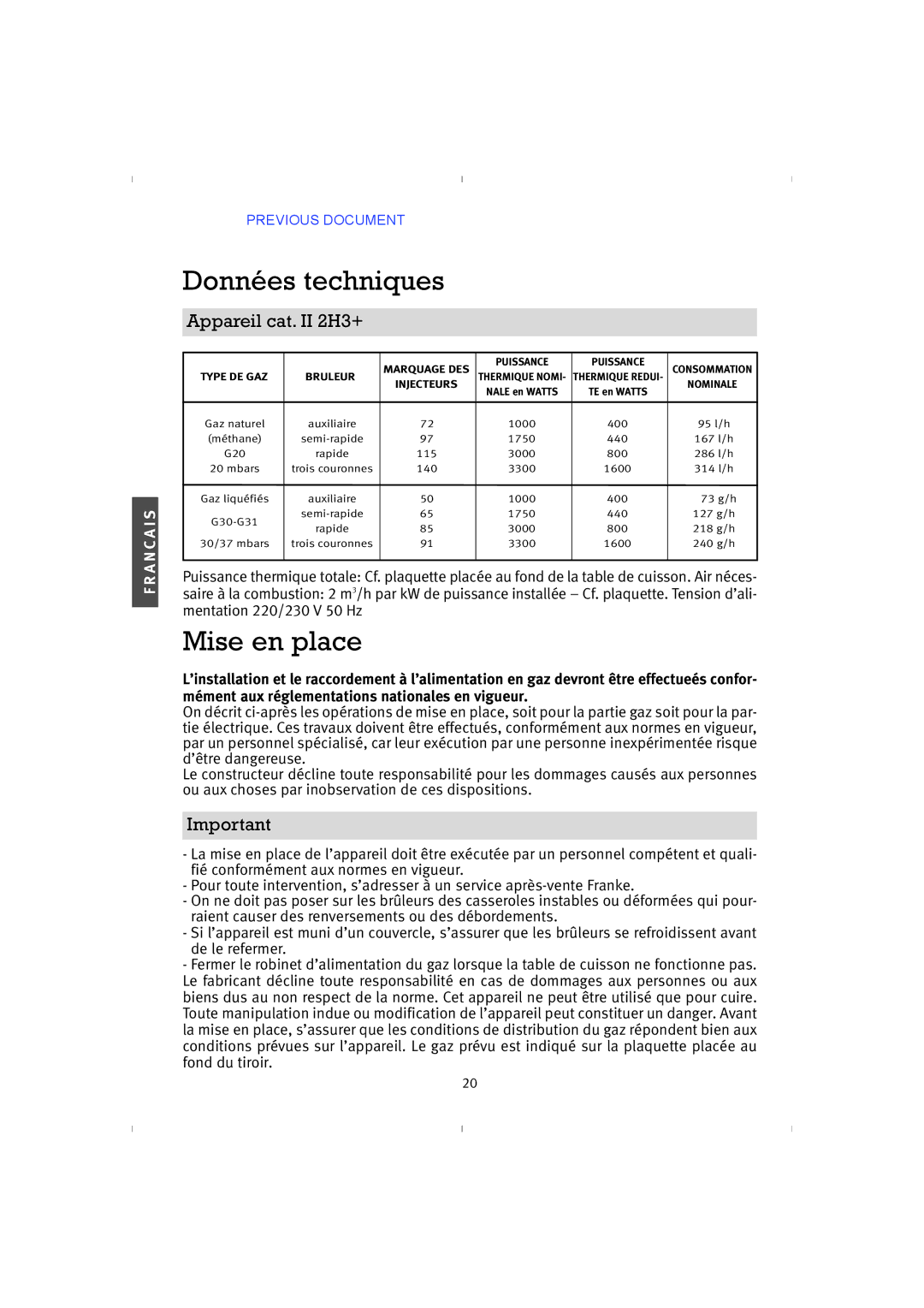 Franke Consumer Products PRI 5, 4GAV-TC instruction manual Données techniques, Mise en place, Appareil cat. II 2H3+ 