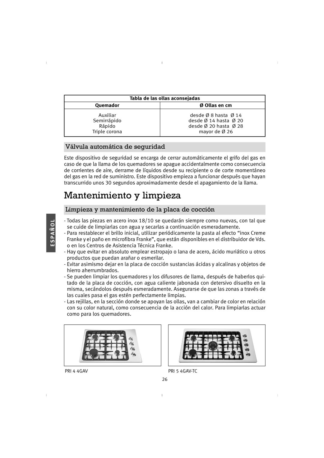 Franke Consumer Products PRI 5, 4GAV-TC instruction manual Mantenimiento y limpieza, Válvula automática de seguridad 