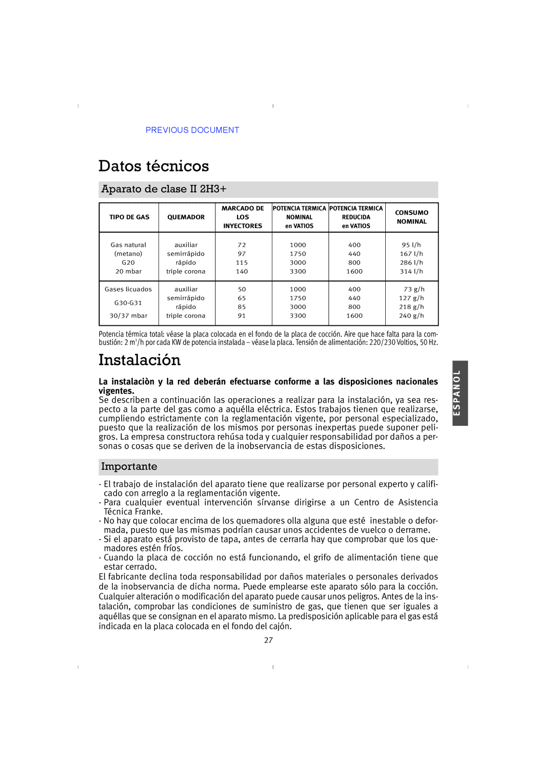 Franke Consumer Products 4GAV-TC, PRI 5 instruction manual Datos técnicos, Instalación, Aparato de clase II 2H3+ 