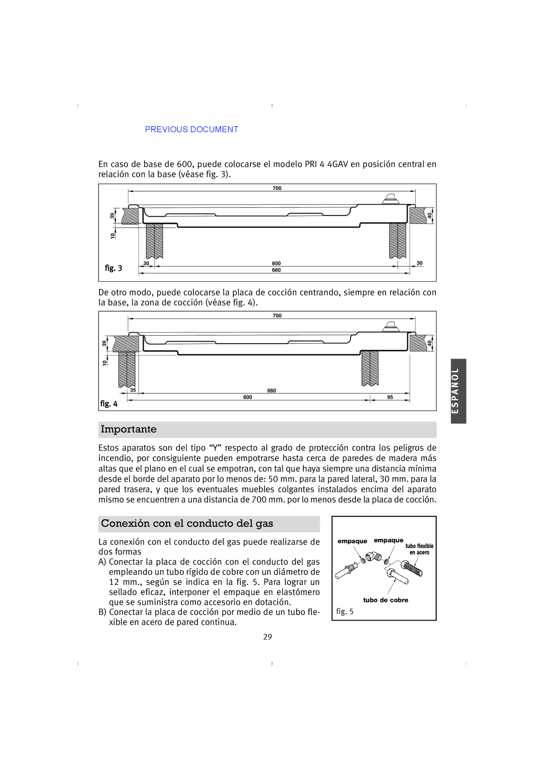 Franke Consumer Products 4GAV-TC, PRI 5 instruction manual Conexión con el conducto del gas 