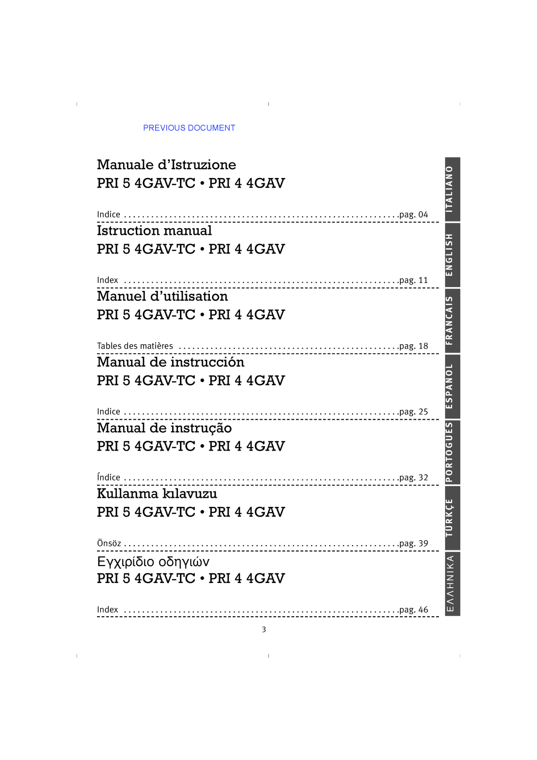 Franke Consumer Products instruction manual PRI 5 4GAV-TC PRI 4 4GAV 