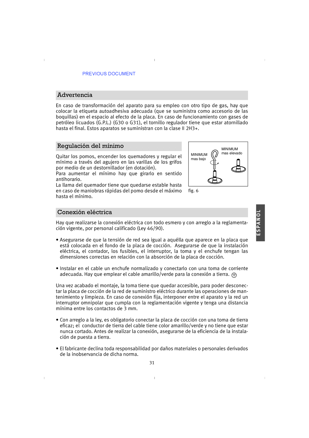 Franke Consumer Products 4GAV-TC, PRI 5 instruction manual Advertencia, Regulación del mínimo, Conexión eléctrica 