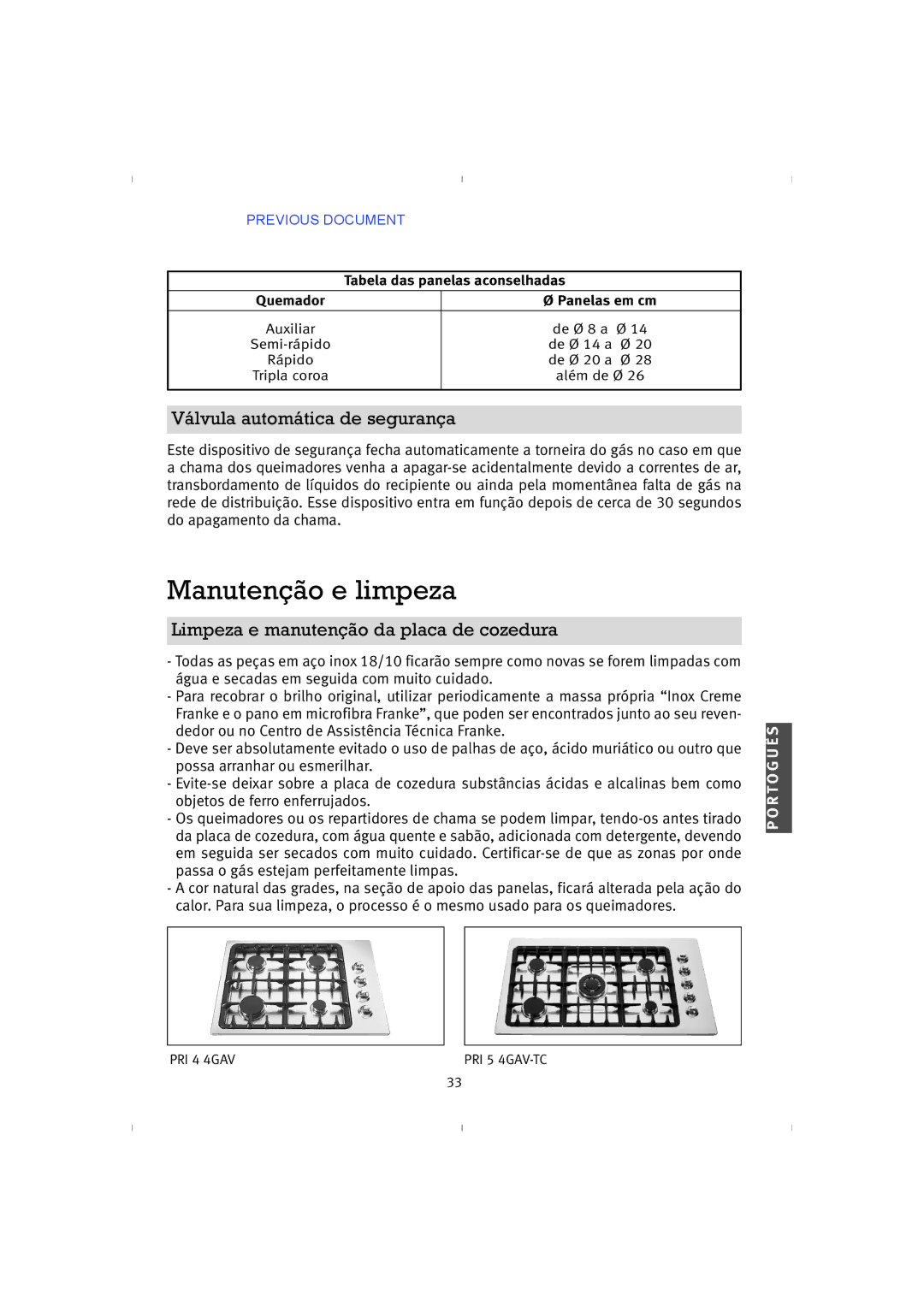 Franke Consumer Products 4GAV-TC, PRI 5 instruction manual Manutenção e limpeza, Válvula automática de segurança 