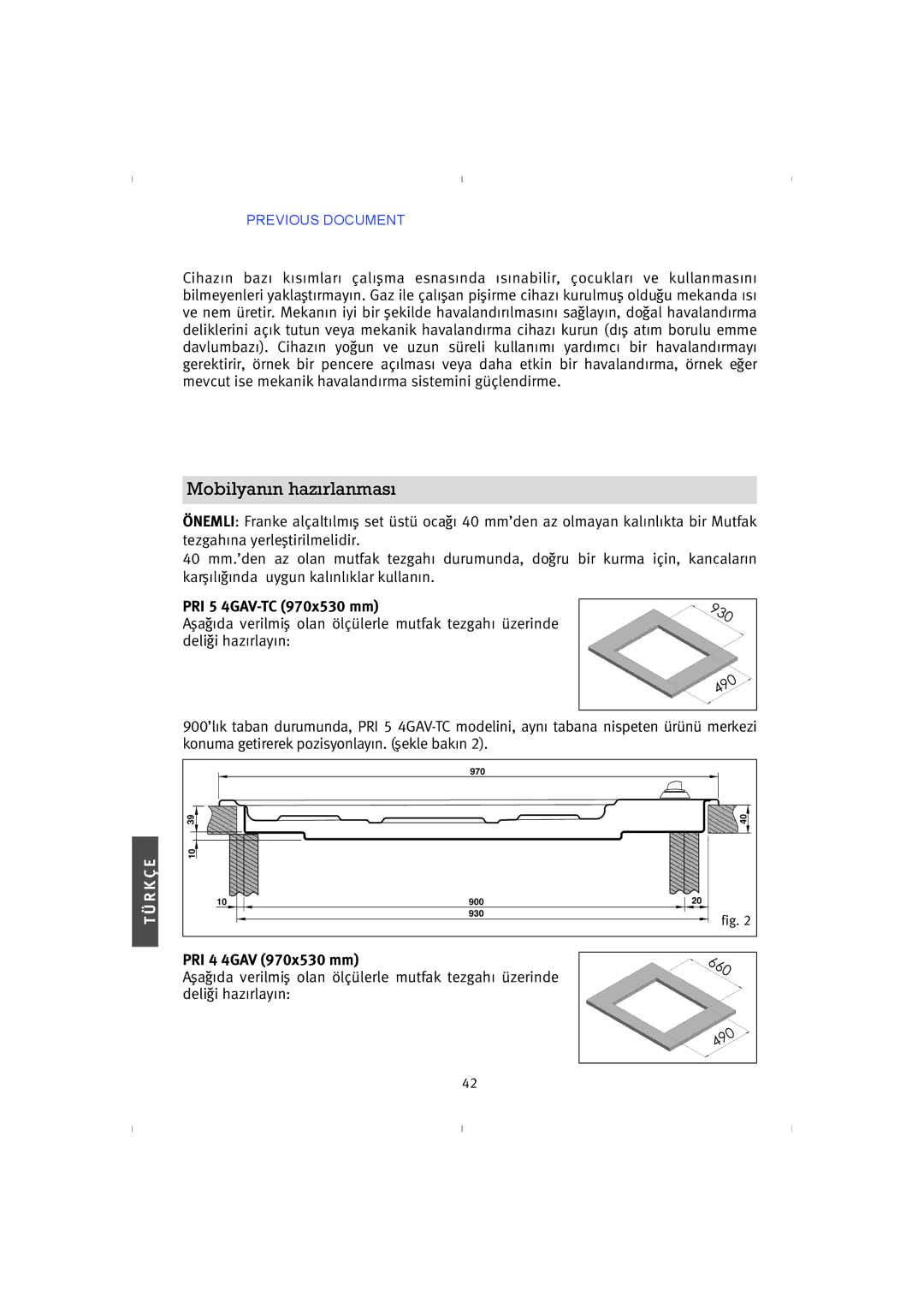 Franke Consumer Products instruction manual Mobilyanın hazırlanması, PRI 5 4GAV-TC 970x530 mm, PRI 4 4GAV 970x530 mm 