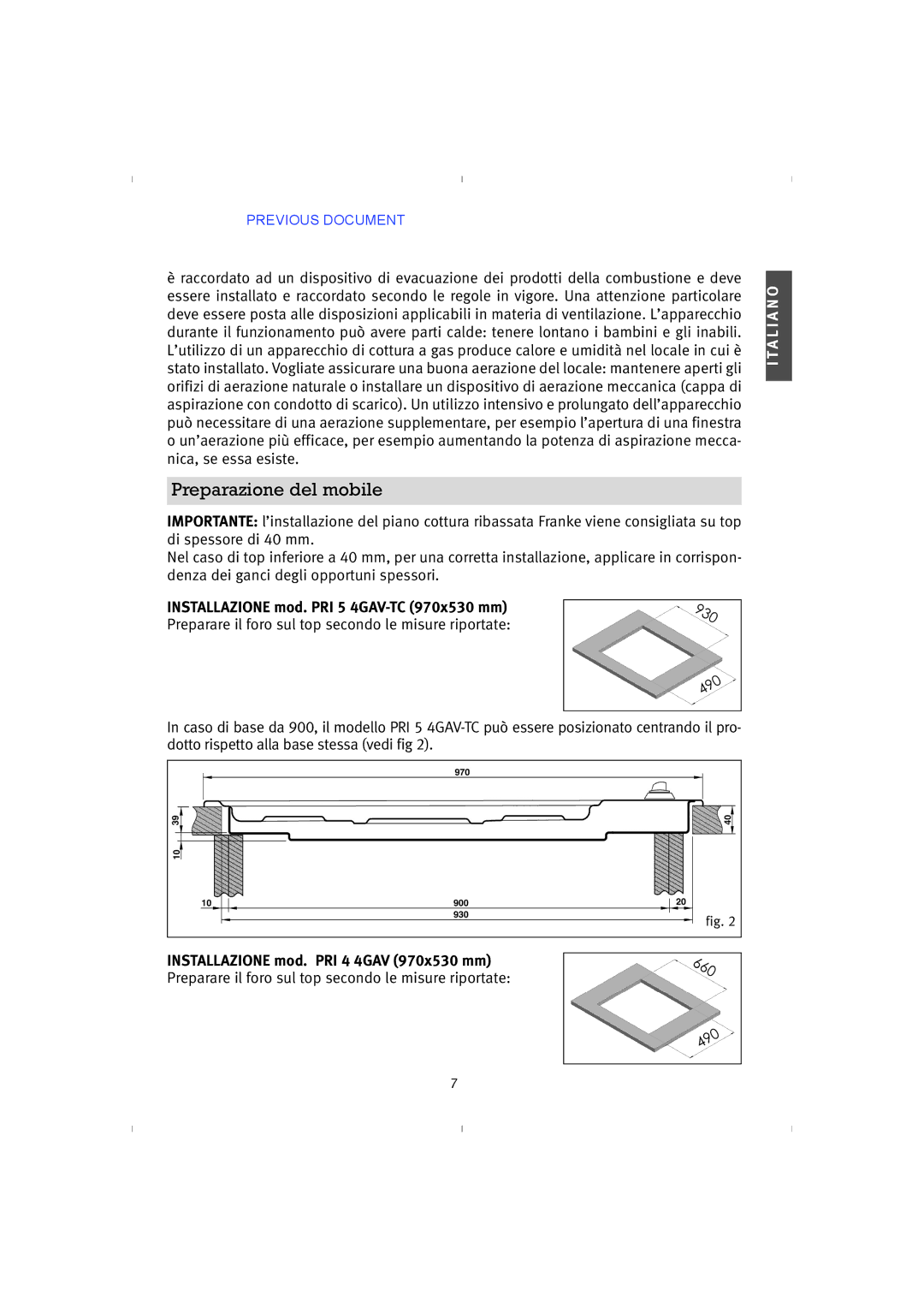 Franke Consumer Products instruction manual Preparazione del mobile, Installazione mod. PRI 5 4GAV-TC 970x530 mm 